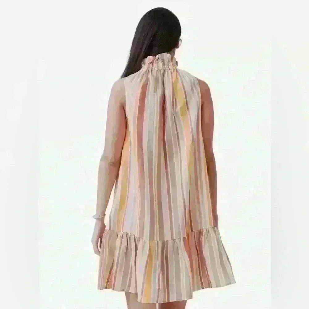 NWT EPHEMERA Women's Garland Striped High Neck Mini Dress Size Medium 100% Linen - Picture 4 of 9